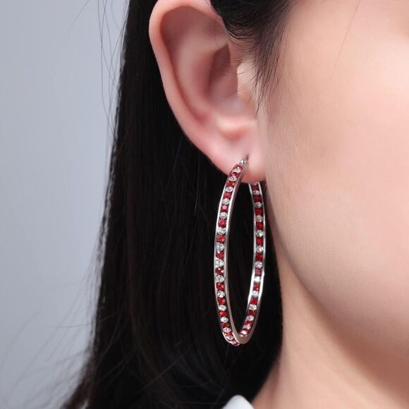 14K White Gold with Ruby Red and White Diamond Cubic Zirconia Big Hoop Earrings - Picture 4 of 5